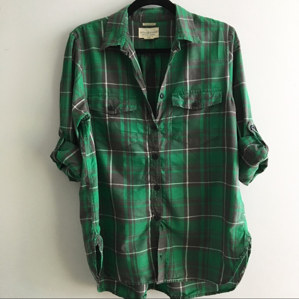 Green and grey lightweight plaid shirt.